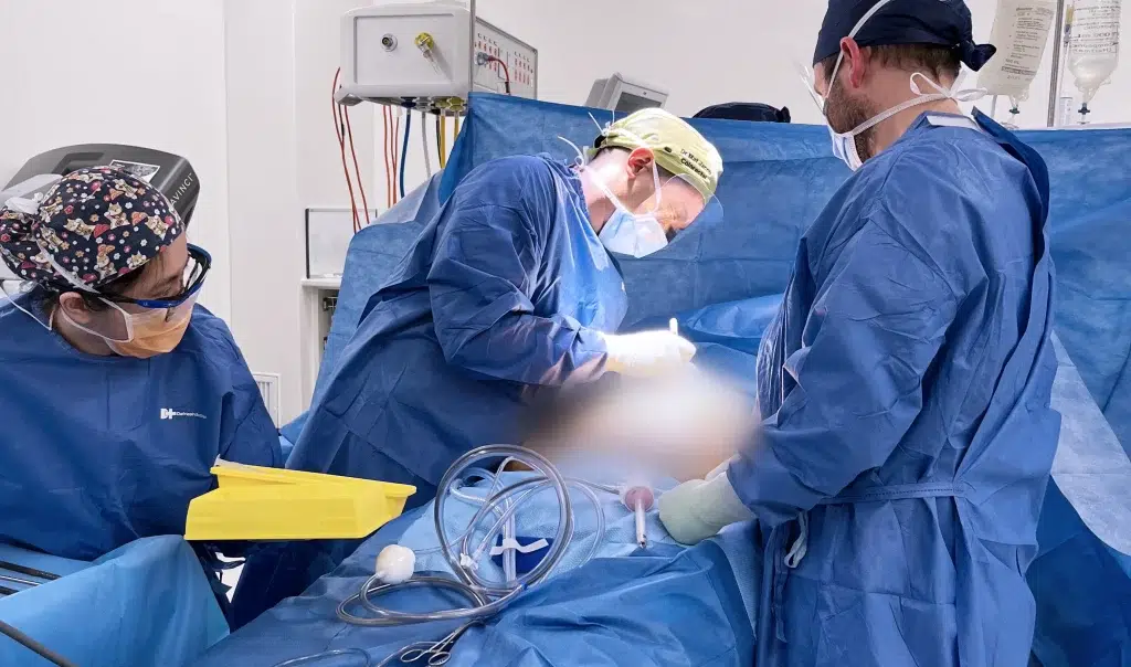 Doctors performing surgery in operating room.
